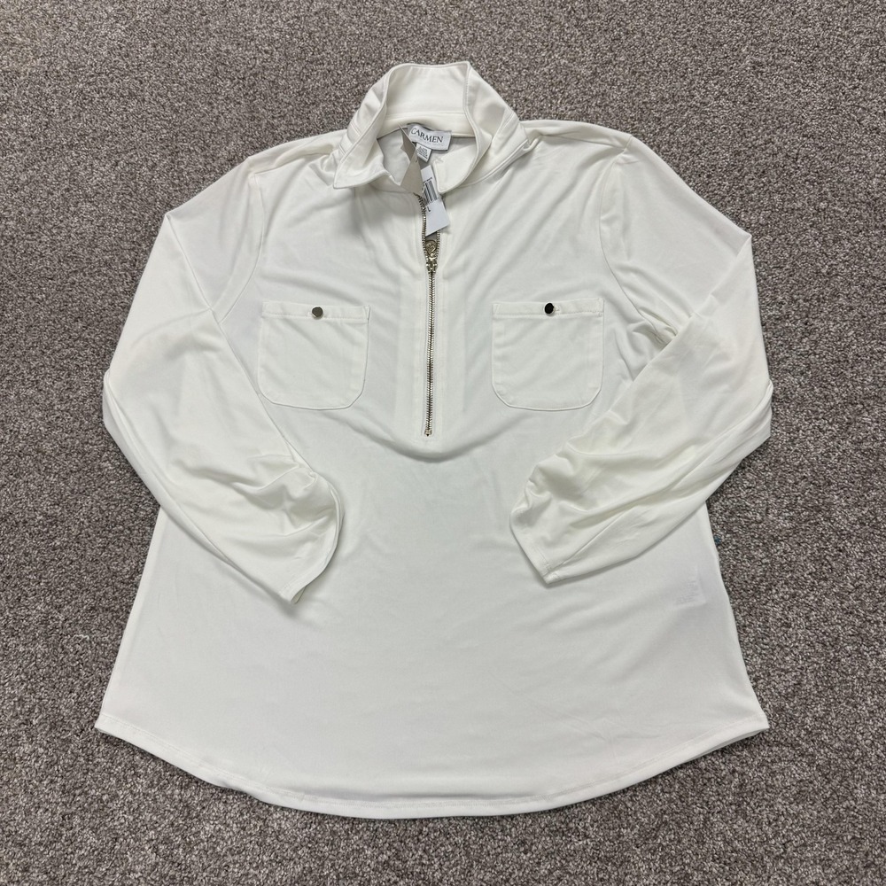Carmen Marc Valvo Blouse Womens L White Collar Zip Front Long Sleeve Stretch Top